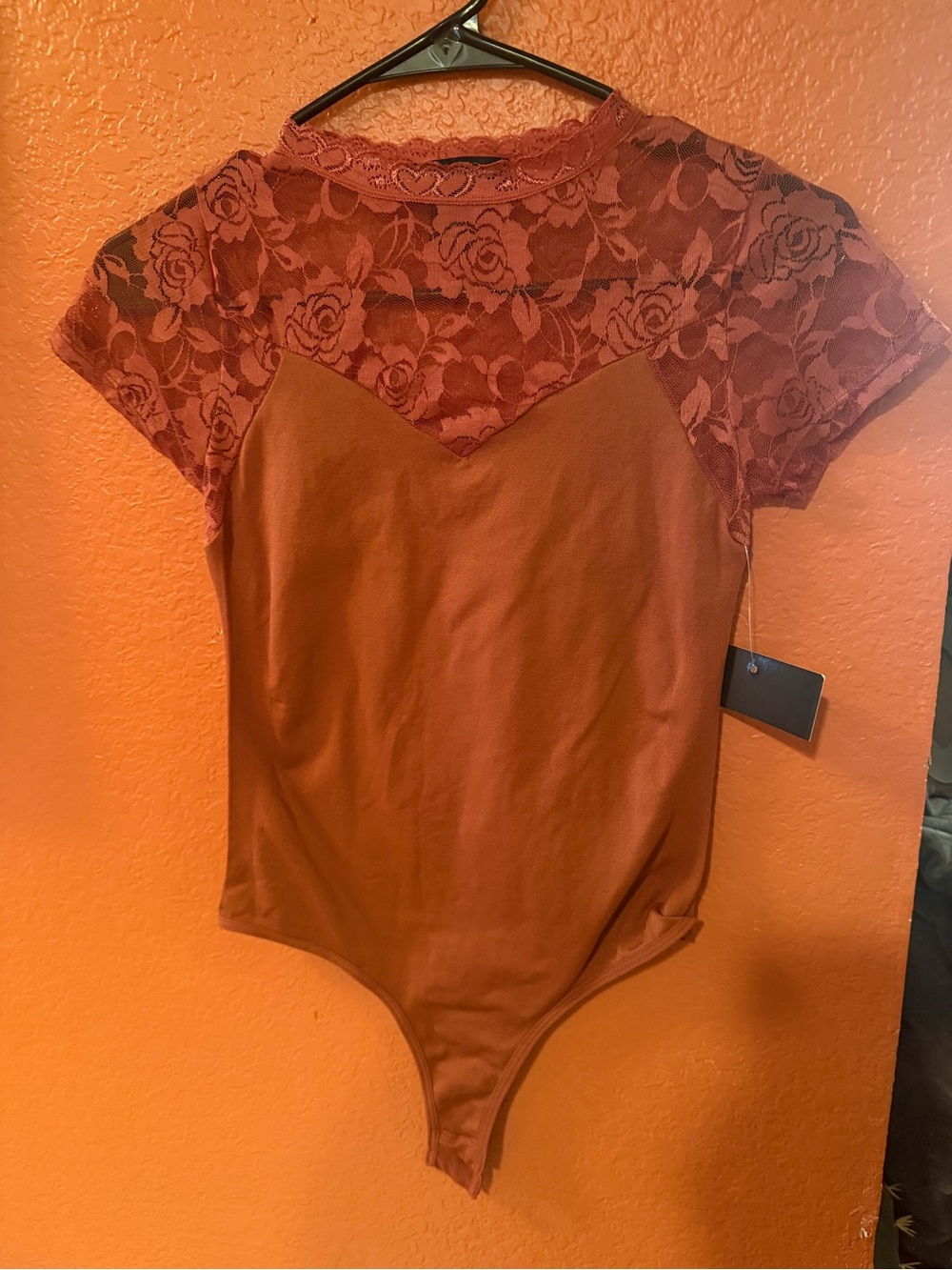 Soho Apparel Lace Yoke Short Sleeve Bodysuit in Rust